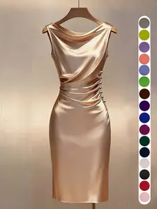 Summer Knit Satin Dress, Champagne Color, Halter Neck, Sleeveless, Waist Cinch, Midi Length, Pleated Design, Button Detail, Evening Gown, Ffsp2640
