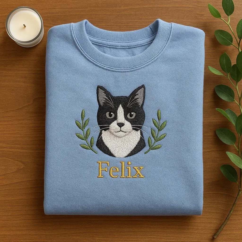 Personalized Embroidered Tuxedo Cat Hoodie, Custom Cat Pet Portrait Sweatshirt, Black and White Cat Mom Gift, Tuxedo Cat Lover Jumper