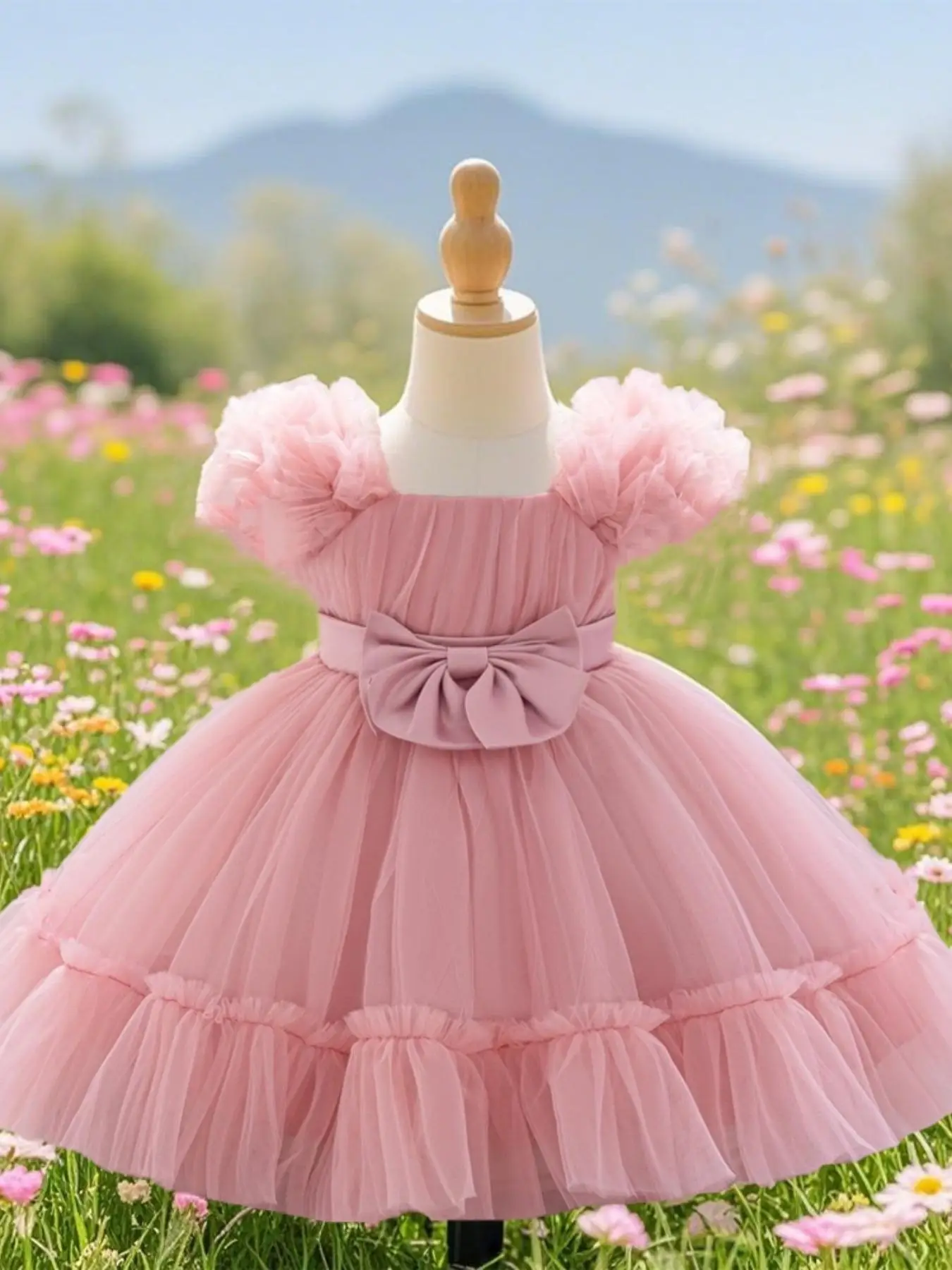 Toddler Girl's Floral Print Mesh Overlay Dress, Elegant Bow Decor Sleeveless Party Dress for Wedding Party, Kids Clothes for All Seasons