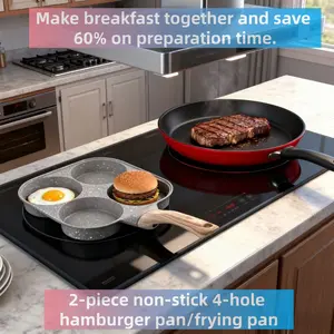 Super Value 2-Piece Set (4-Hole Burger Pan + 24-Inch Non-Stick Frying Pan) 4-Hole Egg Frying Pan Maifan Stone Burger Pan Flat Bottom Non-Stick Frying Pan Egg Cooking Tool Egg Roll Stall Frying Pan Flat Bottom Crystal Diamond Non-Stick Pan Low Oil Smoke Ba