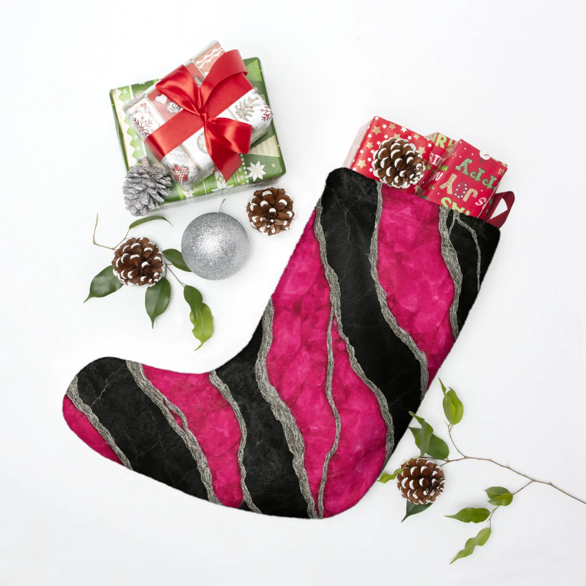Pink Silver & Black Irregular Marble Christmas Stocking - One Size, Looped Polyester Plush Modern Fireplace Stocking, Luxury Home Festive Decor Supplies