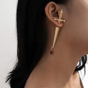 Trendy Women's Cross Earrings with Red Water Drop and Alloy Inlay - Gold Single 2308 Alloy Ear Studs x1