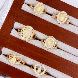 18K Gold Plated Virgin Mary Portrait Ring with Cubic Zirconia – Elegant Minimalist Religious Jewelry for Women