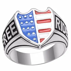 Lanyjewelry Men's Stainless Steel "Free Ride" Biker Ring - Multi-Size, American Shield, Enamel Accents, Patriotism Statement Band