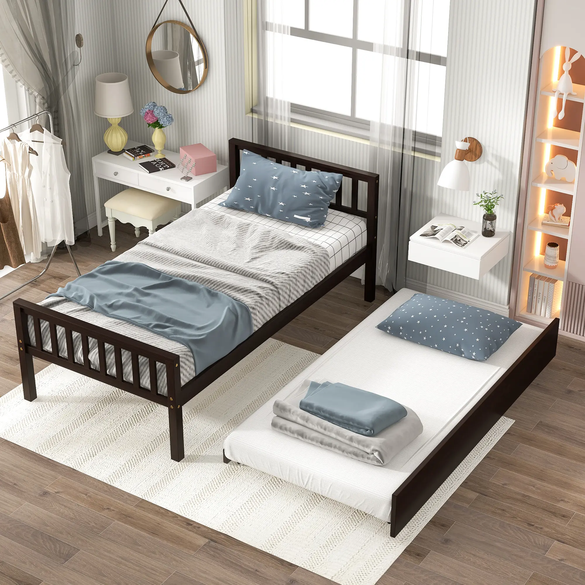 Eyisean Twin Size Pine Wood Platform Bed, Modern Space-Saving Bed Frame with Pull-Out Trundle, No Box Spring Needed, Durable Beds with Headboard & Footboard for Bedroom, Dorm, Apartment