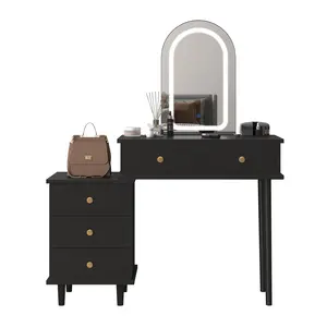 Versatile Vanity Desk with Illuminated Mirror, Modern Makeup Table Featuring 2 Storage Drawers and an Adjustable 3-Drawer Unit, Stylish Wood Dressing Station for Bedroom