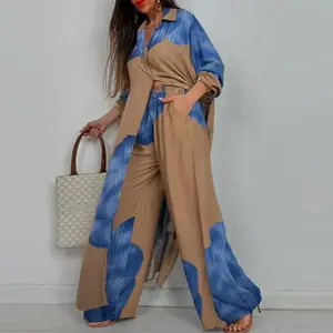 Women's two-piece casual button up shirt wide leg pants set long pants set