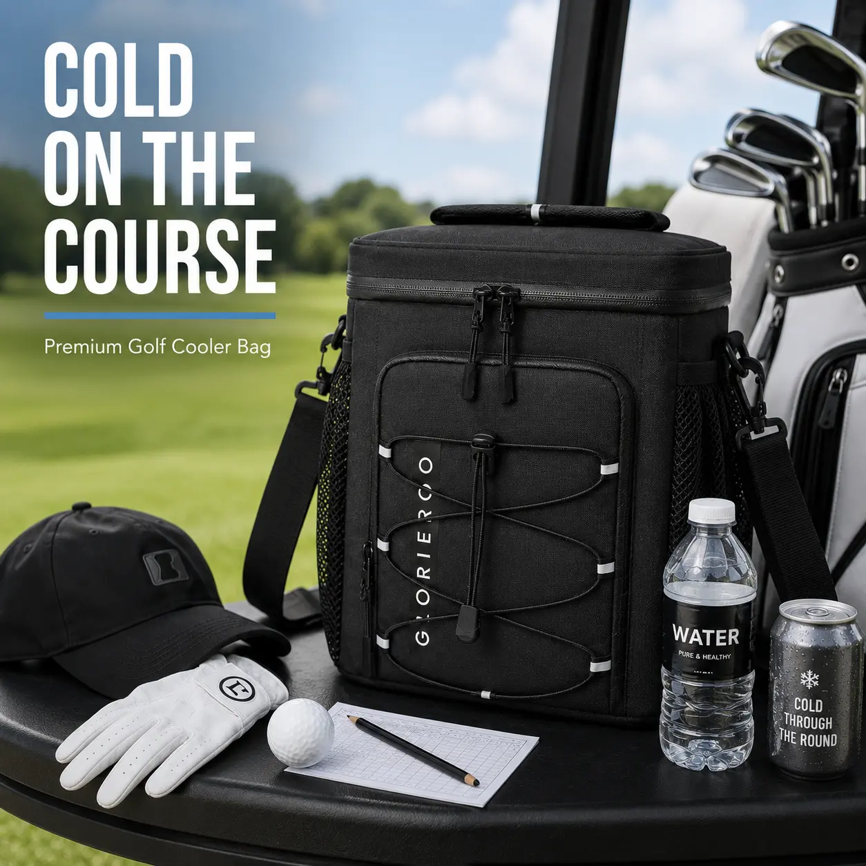 GLORIEROO Golf Cart Cooler Bag, 12-Can Insulated Soft Cooler for Golf Push Cart, Leak-Resistant Golf Cooler with Quick-Access Lid, Water-Resistant Zippers, Multi-Pockets & Shoulder Strap