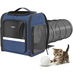 Pawtners 2-in-1 Lightweight Outdoor Catio Backpack for Small-Medium Kittens,Small dogs, Detachable Play Tunnel, Mesh Fabric Ventilation System, Multi-Directional Airflow Vents, Expandable Space,summervibes，Free plush bell toy