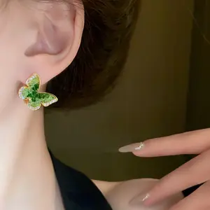 Exquisite Gradient Green Crystal Butterfly Stud Earrings for daily work