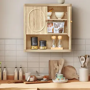 Giratree Bathroom Wall Storage Cabinet Hanging, Fluted Medicine Cabinet with Doors, Adjustable Shelves, Wood Wall-Mounted Cupboard for Bathroom, Kitchen or Living Room