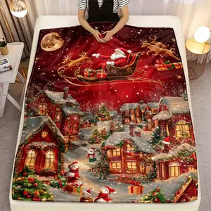1Pc Festive Santa Claus & Reindeer Night Scene Flannel Throw Blanket - Lightweight, Soft & Warm HD Printed Fleece For Sofa, Bed, Travel, Living Room, Office - Cozy Digital Printing Gift For Adults, Christmas Throw Blanket