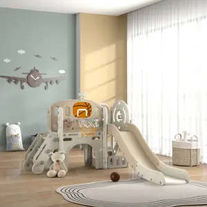 7-in-1 Toddler Slide Playset, Kids Slide for Ages 1-6 Years with Ring Toss, Basketball Hoop, Telescope, Indoor Playground with Climber, Storage Space, Crawl Tunnel, Cream White