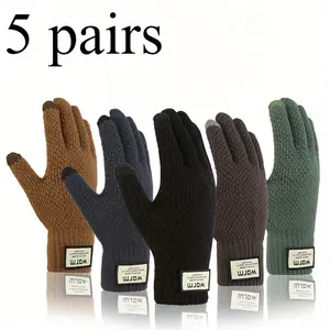 5 Pairs Knitted Acrylic Gloves for Men - Touch Screen Compatible, Casual Style, Thickened Velvet Lining for Enhanced Warmth, Windproof Winter Cycling Gloves