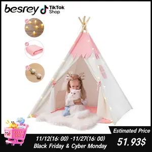 Besrey Kids Teepee Tent with LED Lights 100% Cotton Indoor Playhouse for 2-3 Children Durable Pine Wood Sticks Easy Assembly Christmas Gift