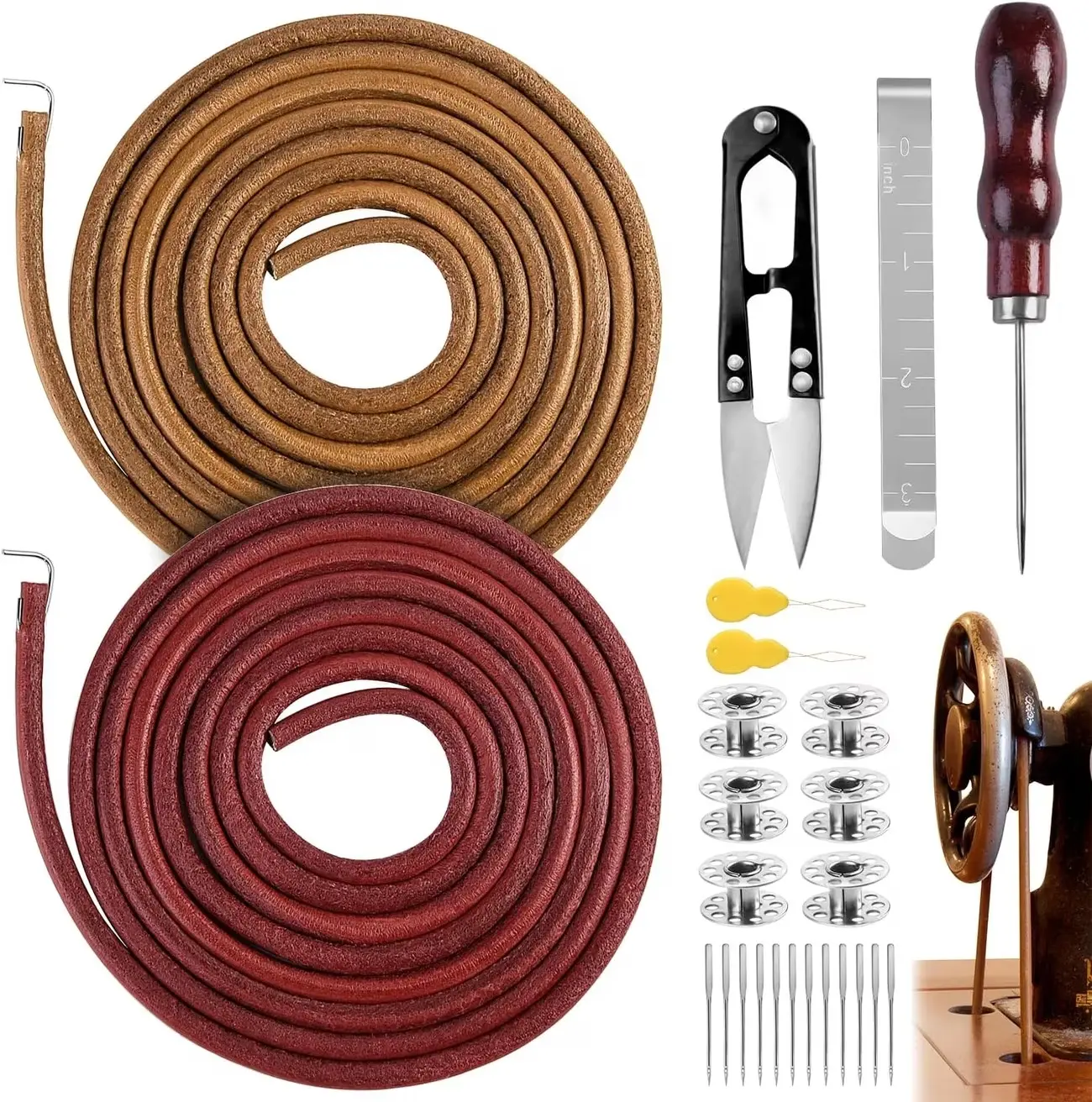 25Pcs Sewing Machine Leather Belt Replacement Kit, 72 Inch 3/16 Inch Treadle Belt With Hooks & Full Accessories, Durable Vintage Foot Pedal Sewing Belt For DIY Craft Sewing Repair Supplies