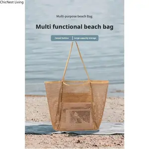 Foldable Women's Mesh Beach Tote Bag, Summer Crossbody & Shoulder Bag, Lightweight Outdoor Travel & Pool Party Essential