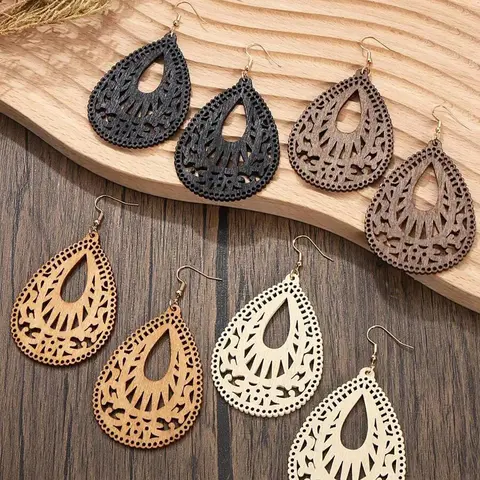 Handmade Bohemian Geometric Wooden Earrings, Vintage African Inspiration, Hollow Teardrop Design, Lightweight Ethnic Jewelry for Women, Boho Style Jewelry