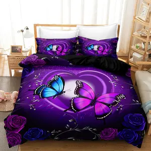 3pcs Duvet Cover Set, Fashion Classic Popular Blue Purple Rose Butterfly Flower Digital Print Bedding Set, Soft Comfortable Decorative Duvet Cover, For Bedroom, Guest Room (1*Duvet Cover + 2*Pillowcase, Without Core And Quilt)