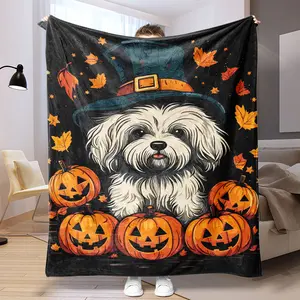 Cute Halloween Dog Pumpkin Flannel Blanket, Soft Lightweight Warm, Perfect for Bed Sofa Office Camping Travel, Great Gift Idea
