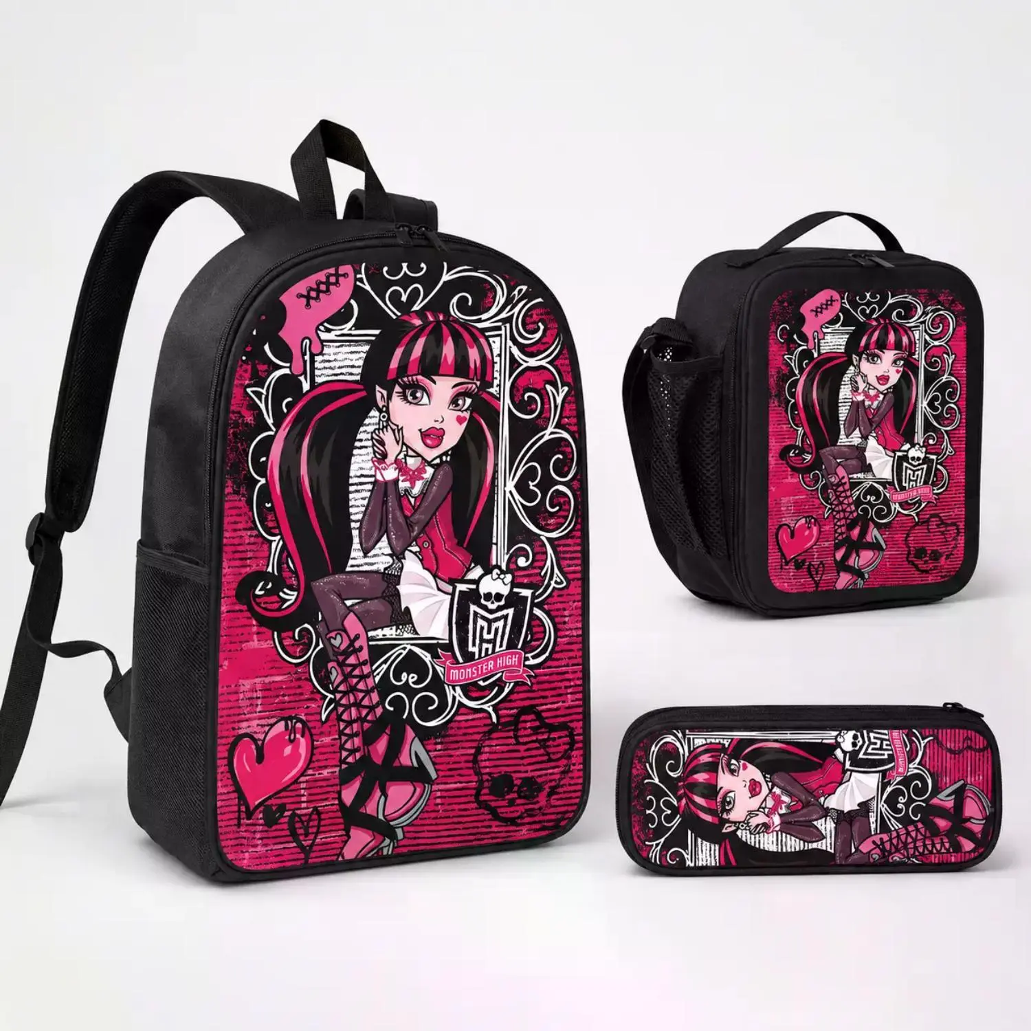 Monster High Backpack for Teens, 17-Inch Laptop Bookbag with Padded Shoulder Straps and Mesh Side Pockets, Black and Pink Character School Bag