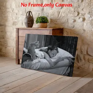 Modern Wall Art, Sleeping Girl With Cat Poster, Vintage Prints, Black And White Vintage Photography Printing, Monochrome Canvas Decoration, Modern Home Decoration, Living Room & Bedroom Aesthetic, Perfect Housewarming Gift, Framed.
