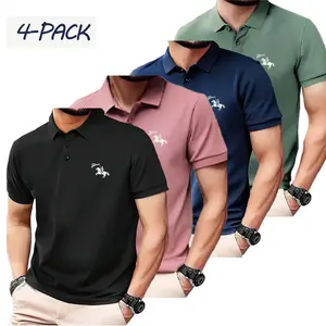 Pack of 4 men's casual business sports polo shirts with small horse print on chest, lightweight fabric for comfort and softness