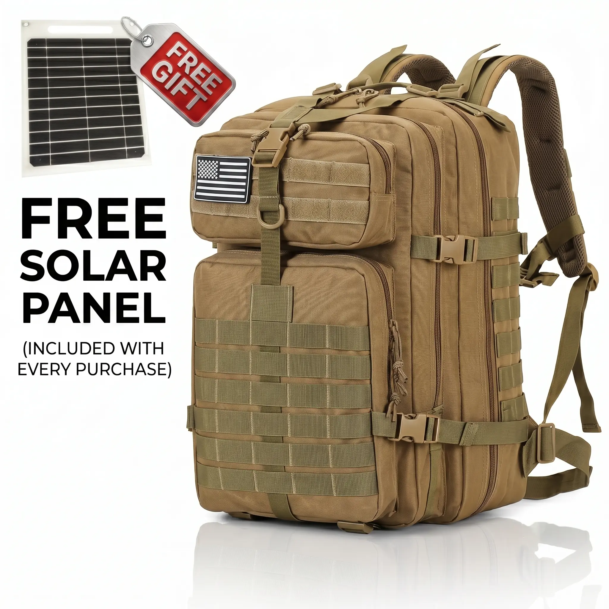11.89Gal/45L Large-Capacity Tactical Waterproof Backpack with Solar Charging Panel, USB & Type-C Ports, and U.S. Flag Patch - Rugged all-weather survival gear for camping, hiking, travel, emergencies, bug-out bags, and outdoor adventures now.