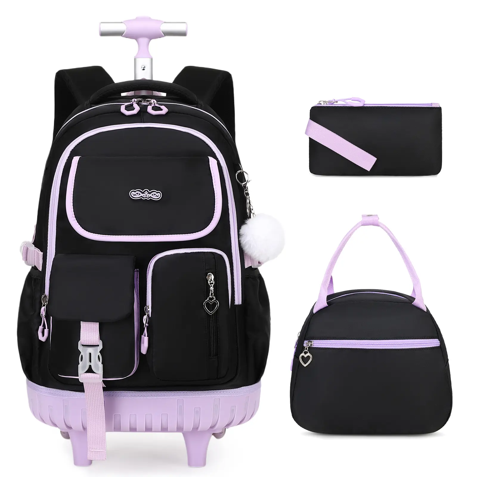SIMILOVE Kawaii 3-in-1 Youth Backpack Rolling Set (3PCS) - Girls' Elementary Student Bag, Desk-fit Folded, Tearproof Fabric, Retractable Wheels, Built-in Org., Lunch Bag, Pencil Case, L12.2in x W7in x H17.7in