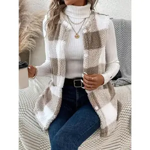 Cozy Plaid Teddy Vest - Women's Casual Sleeveless Winter Vest with Pocket and Soft Fleece Lining - Perfect for Outdoor Activities and Daily Wear Collar Fabric Knit Womenswear Cardigan Polyester Tops Comfort Crewneck