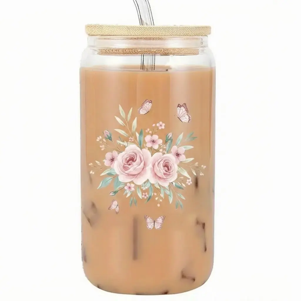 Enchanting Pink Rose & Butterfly Printed Can-Style Glass Cup with Bamboo Lid & Reusable Straw, Ideal for Iced Coffee Beer Juice Milk Tea; Durable Aesthetic Clear Drinkware, A Perfect Birthday Gift for Her, Charming Nature-Themed Beverage Container fo