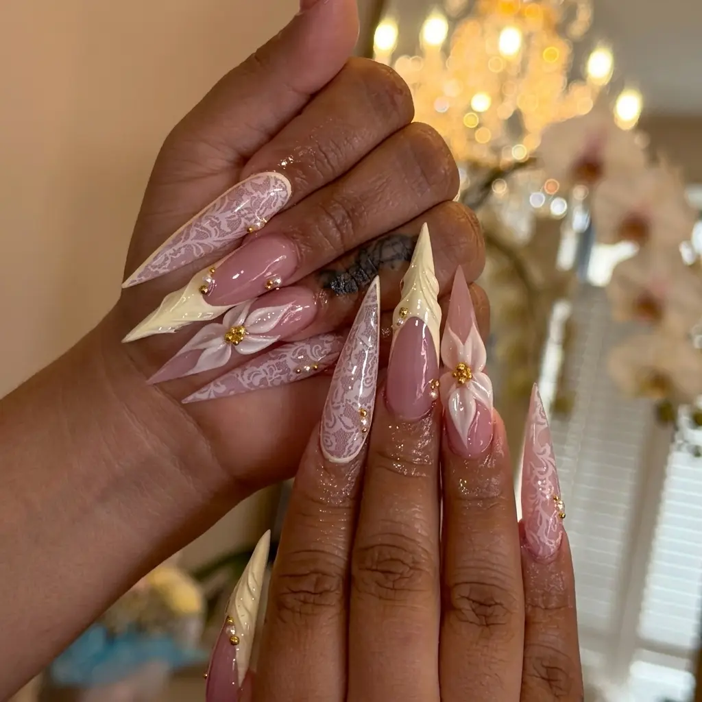 (MTO) BubbleNailArt White Lace French 3D Flower Long Stiletto Press On Nails Pearl Handmade Reusable Nails Fashion Hand Accessories