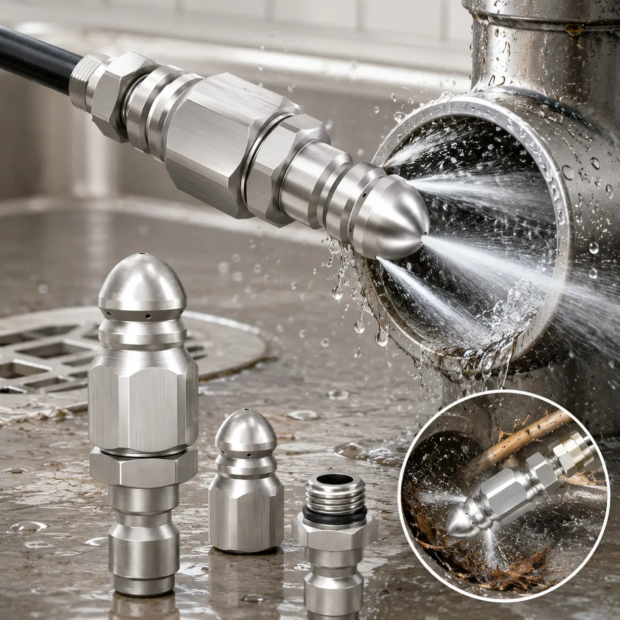 2pcs, Button Nose High Pressure Sewer Jet Nozzle, for Pipe Duct Cleaning & Blockage Removal, Stainless Steel High-Pressure Sewer Jetter Nozzle, Sewer Cleaning Tool high-pressure Nozzle with 1 Front 6 Rear Jet & 1/4'' Quick Connector 5000PSI
