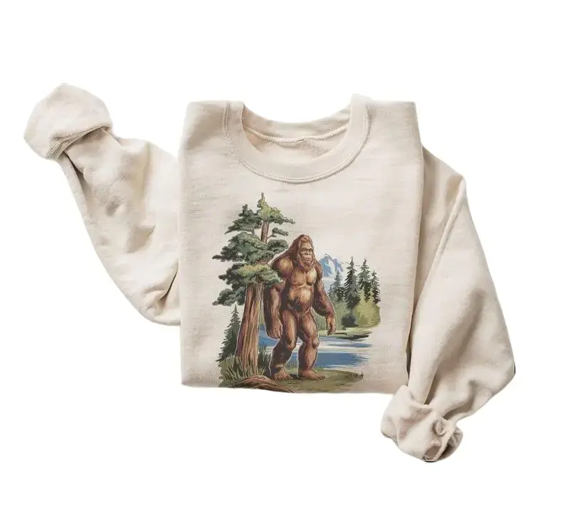 Retro Bigfoot In The Redwoods Sweatshirt - 90s Sasquatch Cryptozoology Cryptid Outfit - Boho Unisex Crewneck Sweatshirt