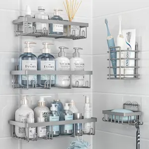 Shower  5 Pack, Bathroom Shower Organizer Rack for Inside Shower, Adhesive Shower Shelf, Shampoo Holder, Shower Basket, Metal Wall Storage, Grey