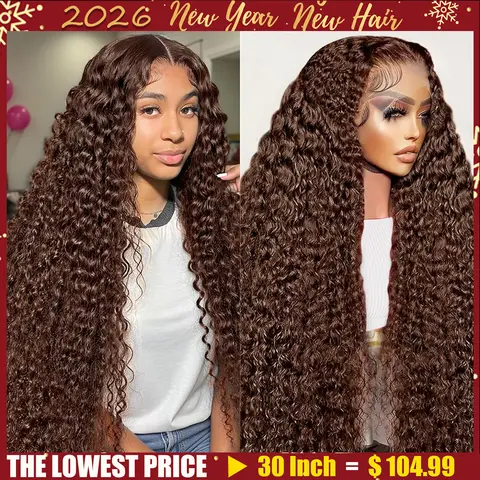 NERKRE Unisex 26-Inch Chocolate Brown Deep Wave Human Hair Wig, 180 Density 13x6 HD Lace Front, Glueless, Pre-Plucked Natural Hairline, Adjustable Straps, Mother's Day Gift, Human Hair Wigs, Glueless Wigs Human Hair