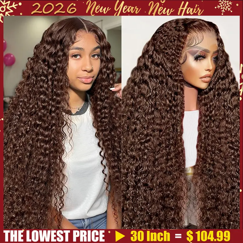 NERKRE Unisex 26-Inch Chocolate Brown Deep Wave Human Hair Wig, 180 Density 13x6 HD Lace Front, Glueless, Pre-Plucked Natural Hairline, Adjustable Straps, Mother's Day Gift, Human Hair Wigs, Glueless Wigs Human Hair