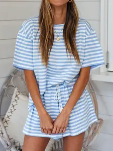 2-Piece Women's Blue and White Striped Soft Knit Short-Sleeve and Shorts Set. Simple and Fresh Design, Suitable for Spring and Summer. Drawstring Tassels, with Pockets. A loungewear set perfect for casual wear at home.