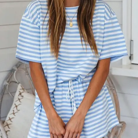 2-Piece Women's Blue and White Striped Soft Knit Short-Sleeve and Shorts Set. Simple and Fresh Design, Suitable for Spring and Summer. Drawstring Tassels, with Pockets. A loungewear set perfect for casual wear at home., Style, Lightweight