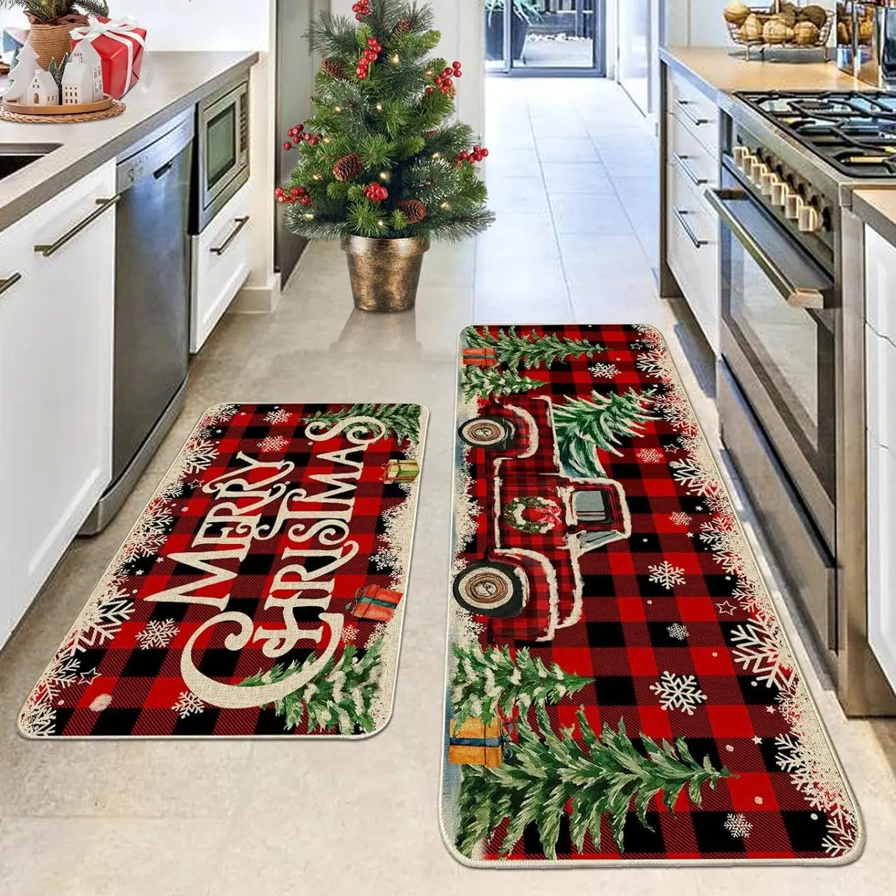 2 counts/set Christmas kitchen floor mat, Kitchen Rug, Non Slip Kitchen Mat, Home Decorative size 16x24' & 16x47'