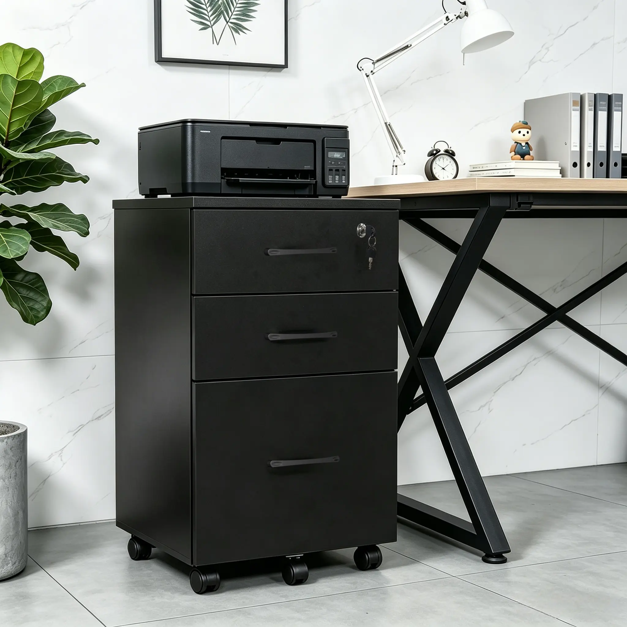 Lockable 3-Drawer Mobile Filing Cabinet - Modern Office Commercial Furniture, Adjustable Under-Desk Durable Metal Drawers and Storage for Letters, Legal, A4 Documents, 15x15x26 In, Wheels Attached