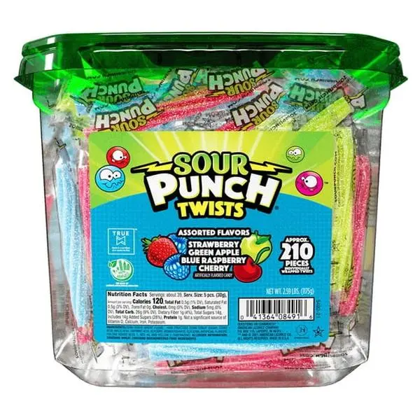 Sour Sour Belt Variety Mix Sour Punch Twists, Assorted Flavors Chewy Candy, 210 Pieces, 2.59 lb Jar Snack Bonbon Sweet Soft Fruit Mixed