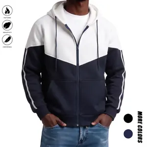 Men's Color-Block Zip-Up Sweatshirt, Fleece Lined Long Sleeve Hoodie with Kangaroo Pocket for Streetwear Layering, Plain