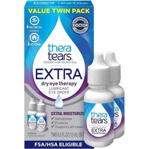 Extra Dry Eye Drops Twin Pack, 2 Bottles x 0.5 fl oz (Pack of 1) for Severe Dry Eyes Relief, Long-Lasting Lubricating Moisture, Soothing Redness & Irritation, Fast-Acting Hydration Formula for Sensitive Eyes