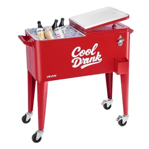 VEVOR 80 Quart Rolling Ice Chest, Holds up to 50 Bottles/ 110 Cans, Portable Patio Party Bar Drink Cooler Cart with 4 Swivel Casters (2 with Brakes), Beverage Cooler Trolley with Bottle Opener, Red