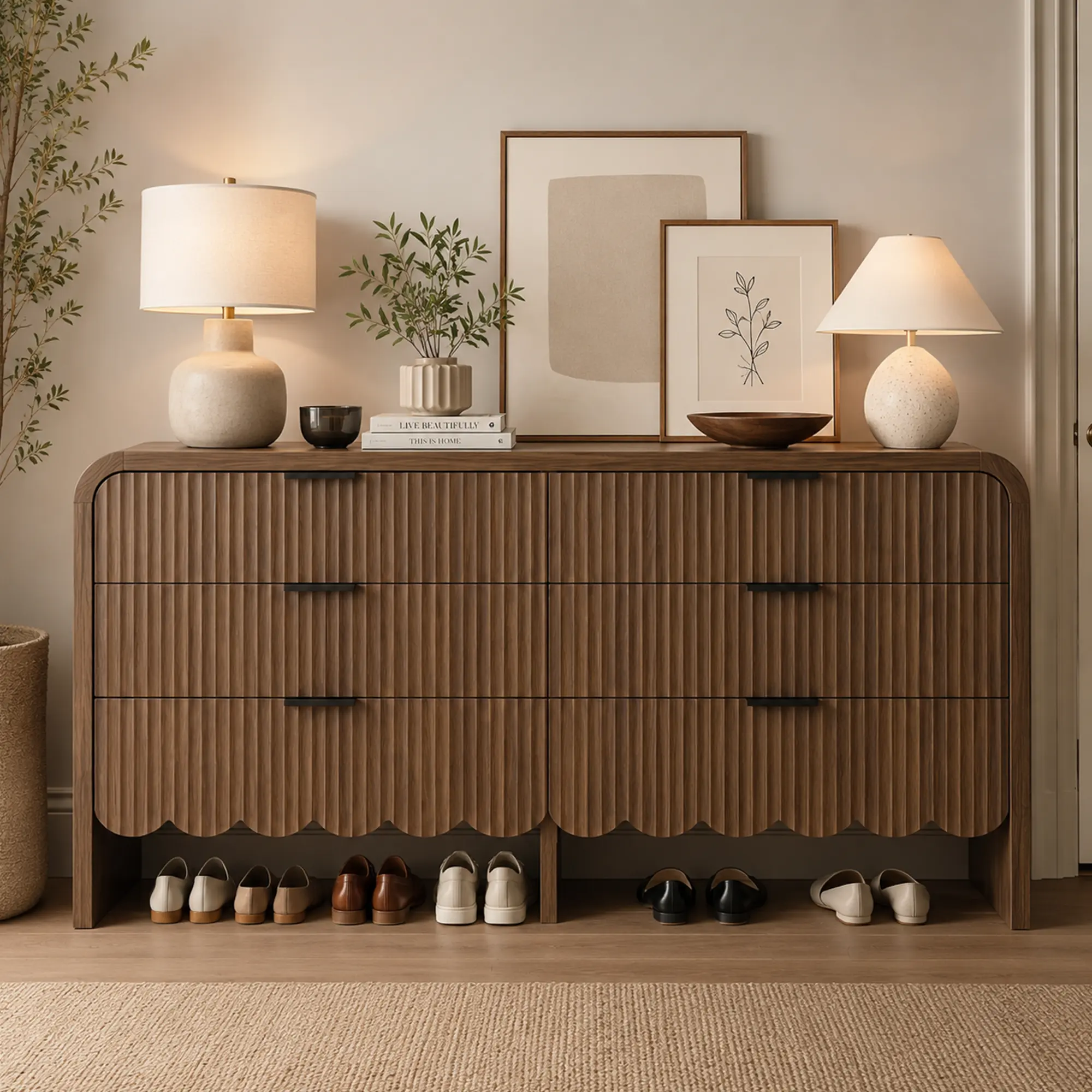 59" Fluted Walnut Dresser with Black Handles, Modern Scalloped 6 Drawer Chest, Mid-Century Wood Storage Cabinet for Bedroom, Entryway & Living Room TV Stand