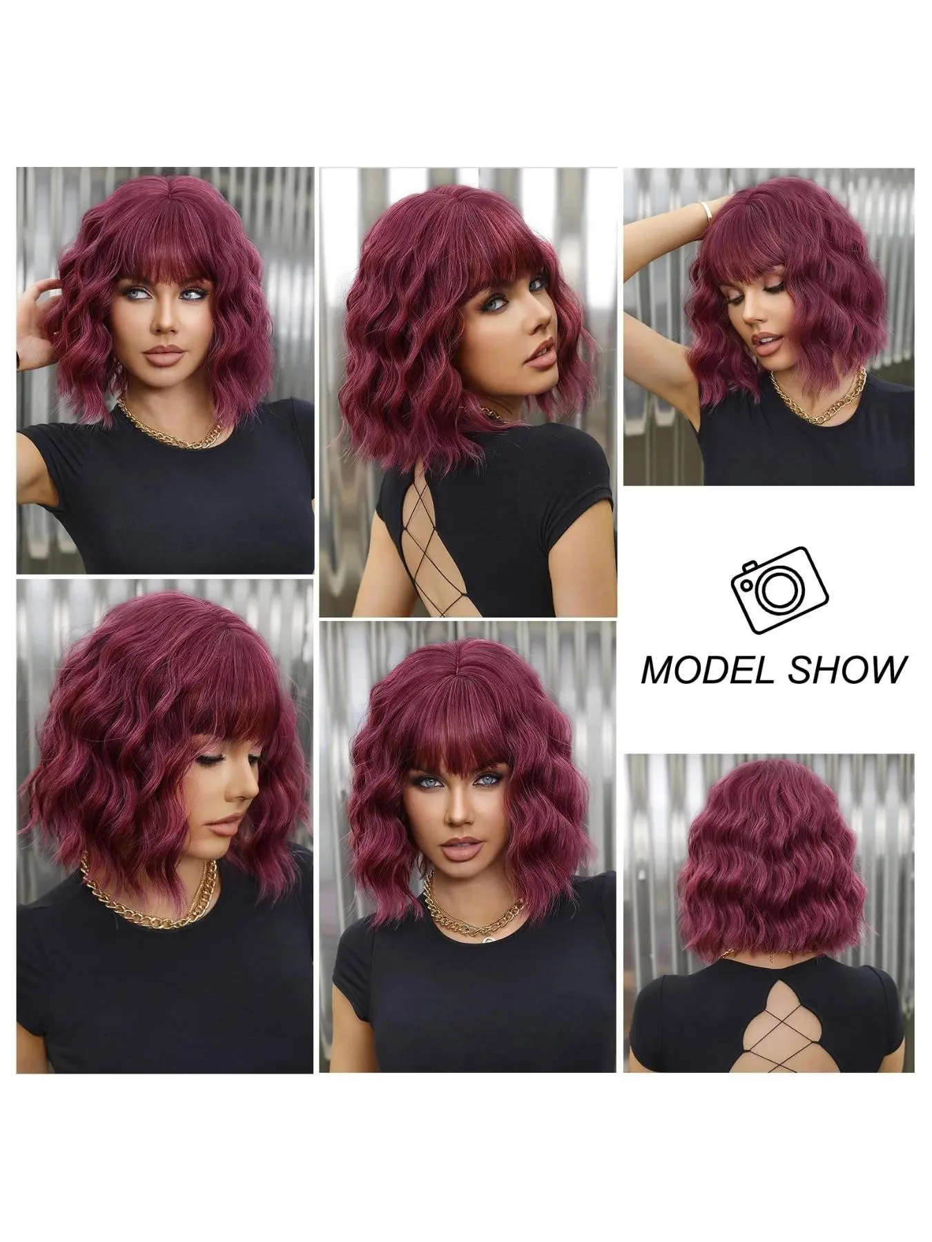 NEW BAG ! 16 Inch Long Aisi Hair Curly Short Bob Wig With Band Wine Red Short Wine Red Wig with Bangs Bob Curly Wavy Hair Wigs for  main image 2
