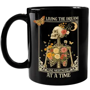 CupiCo Vintage Living the Dream Ceramic Mug, Retro One Nightmare At A Time Coffee Mug, Funny Skeleton Tea Cup, Dark Humor Ceramic Coffee Mug