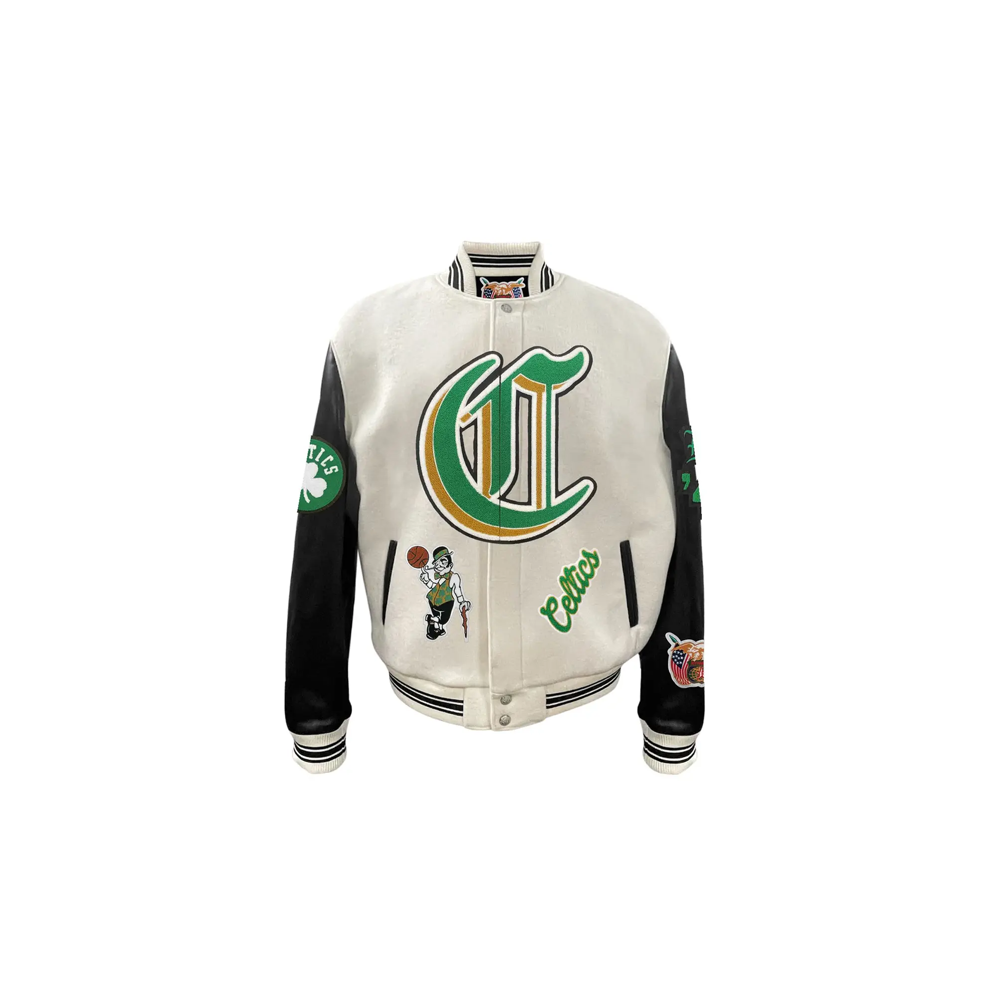 Boston Celtics Wool & Leather Old English Varsity Jacket "White" NBA BOS CEL 101 Boston Celtics Wool & Leather Old English Varsity Jacket "White" NBA BOS CEL 101