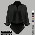 【Black Friday】Women's Casual Long Sleeve V-Neck Collared Bodysuit, Woven Fabric, Suitable for All Seasons, Elegant Womenswear, Basic Bodysuit